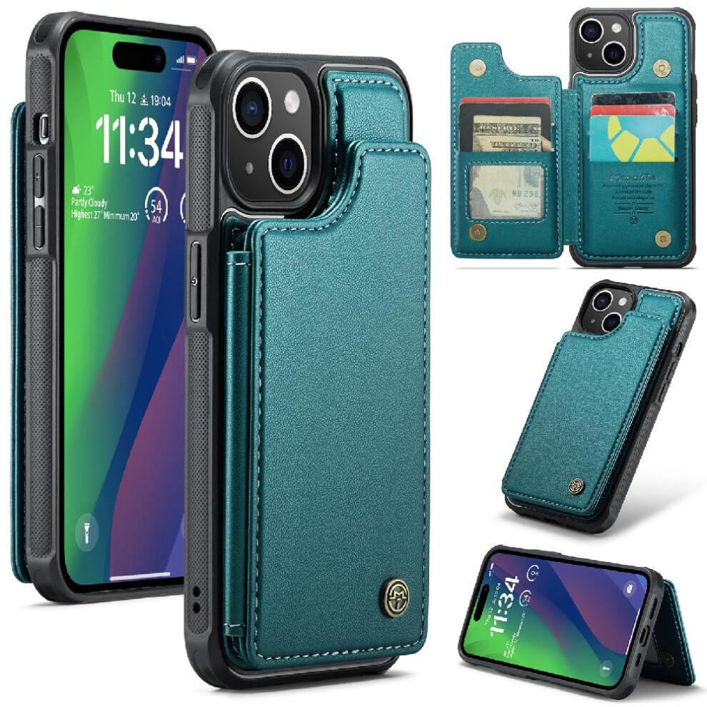 (Green) Caseme Wallet Case For Iphone 15 Plus Rfid Blocking Card Holder Pu Leather Kickstand Slim Shockproof Case Green 764762594992
