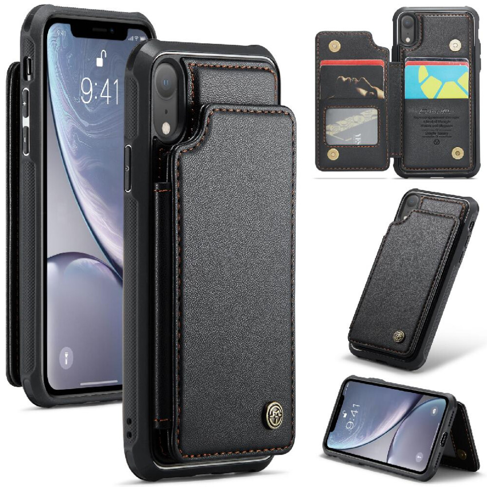 (Black) Caseme Wallet Case For Iphone Xr Kickstand Pu Leather Slim Shockproof Case Rfid Blocking Card Holder Black 764762595753