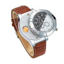 (Black and white brown) Usb Charging Lighter Watch Men Electronic Sports Quartz Wristwatches Windproof Flameless Smoke Cigarette Lighter Gifts Z