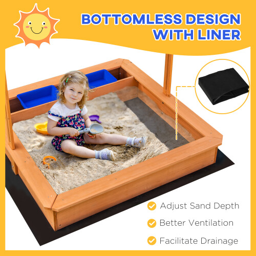 Outsunny Outsunny Kids Wooden Sandbox Sand Pit Height Adjustable with Canopy Basins 2