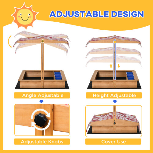 Outsunny Outsunny Kids Wooden Sandbox Sand Pit Height Adjustable with Canopy Basins 1