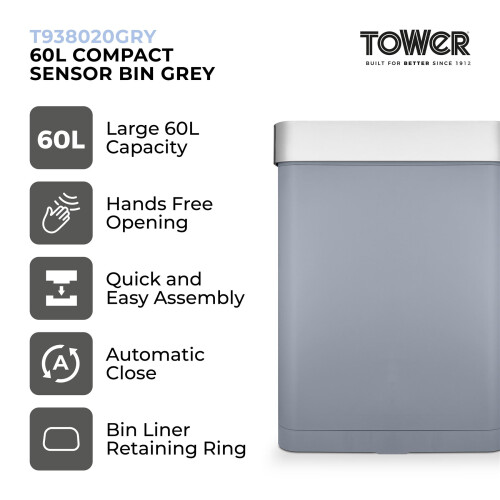 Tower Tower T938020GRY Compact Sensor Bin, Large 60L, Hands Free Opening, Automatic Close, Retaining Ring, Grey 1