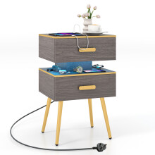 Modern Bedside Table End Table W/ 2 Drawer Charging Station Metal Legs