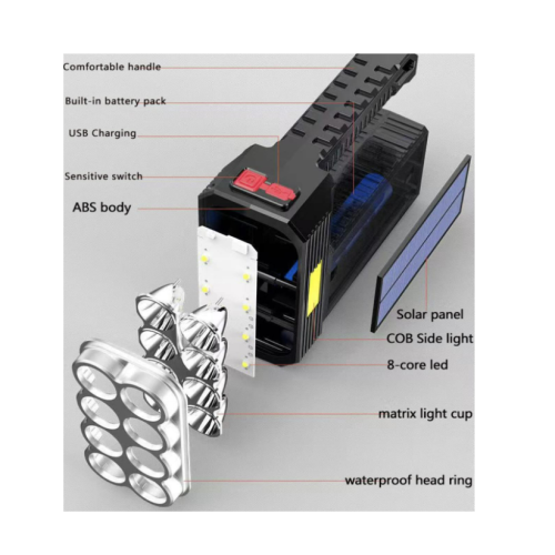 8 LED Solar Handheld Torch - Super Bright Rechargeable Portable Flashlight - Powerful work equipment - Bright light (Black) 1