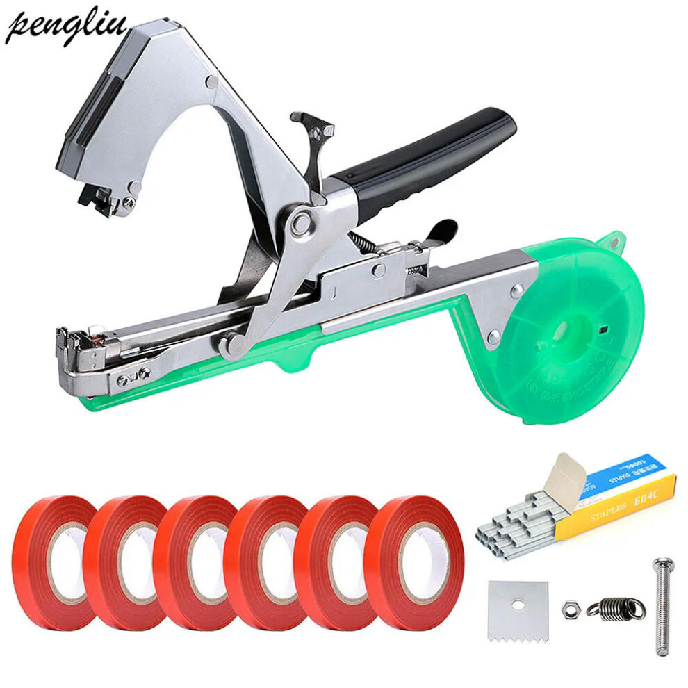 (6 red tape set) New High Quality Plant Branch Hand Tying Staples +Tapener +TapesBinding Machine Flower Vegetable Garden tapetool  Garden Tools