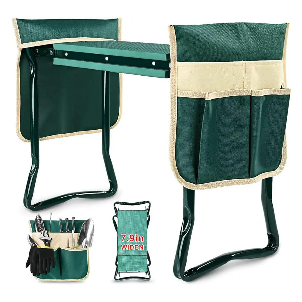 Upgraded Garden Kneeler and Seat with Thicken & Widen Soft Kneeling Pad Heavy Duty Foldable Gardener Stool with 2 Tool Pouches