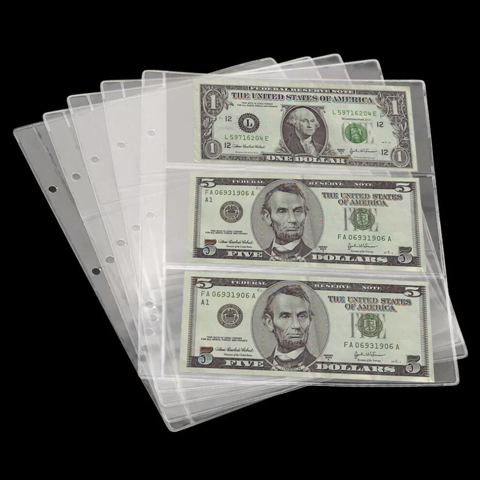 5pcs Loose Leaf Sheet 3-Slot Transparent Banknotes Holder Portable Paper Money Protective Bag Paper Money Collection Album