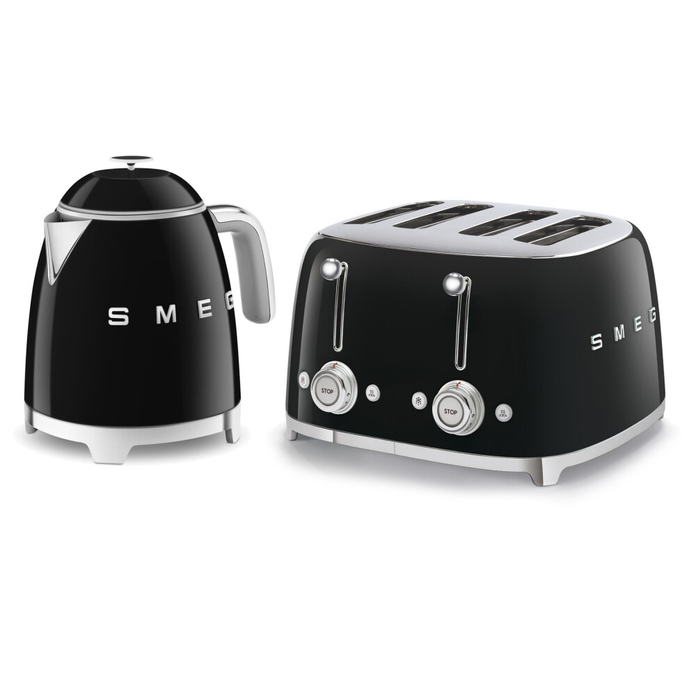 Smeg 50's Style Retro Range Breakfast Set, 0.8L 1400W Mini Kettle and Multi-Functional Control 4-Slice 2000W Toaster, Black, KLF05BLUK/ TSF03BLUK