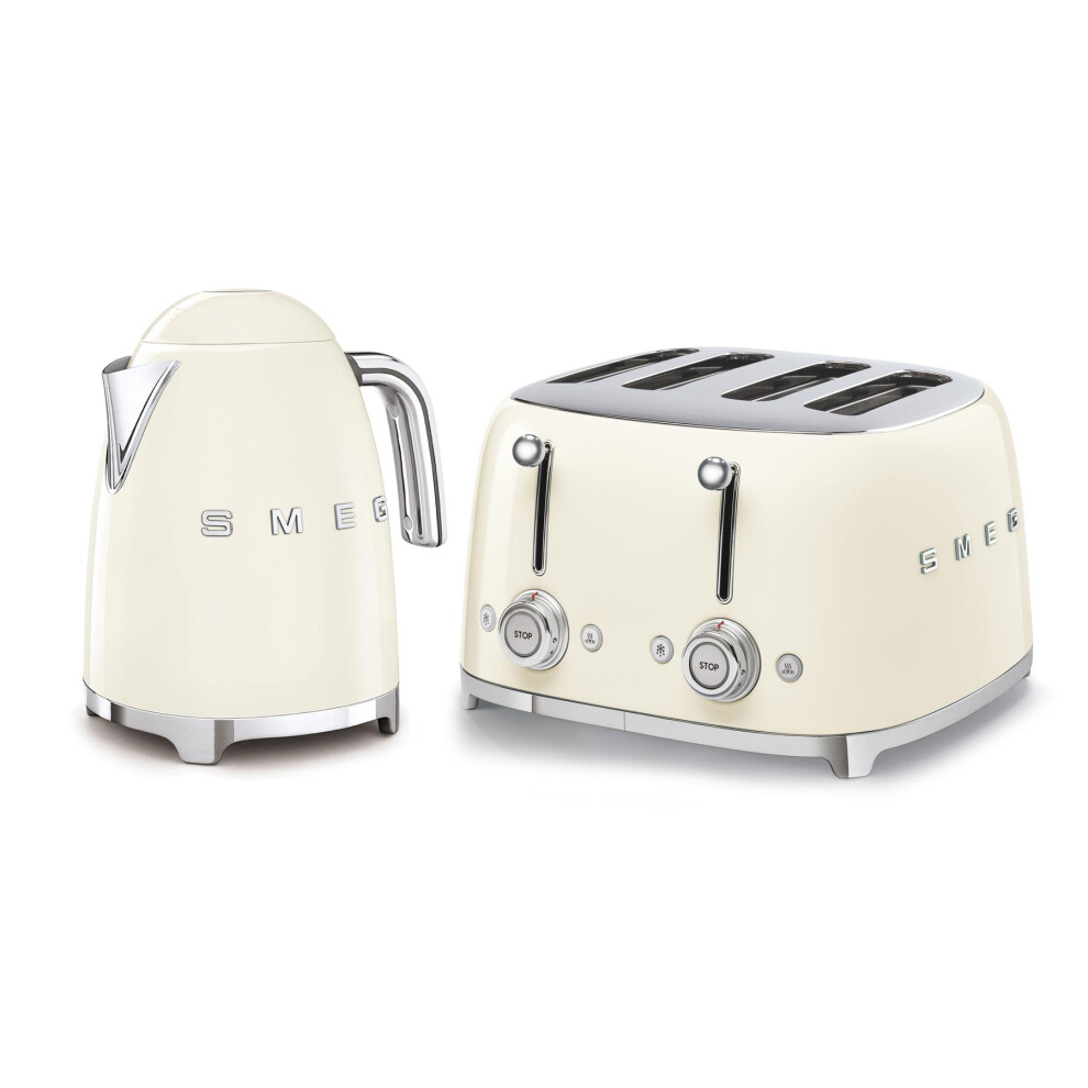 Smeg 50's Style Retro Range Breakfast Set, 1.7L 3000W Kettle and Multi-Functional Control 4-Slice 2000W Toaster, Cream, KLF03CRUK/ TSF03CRUK