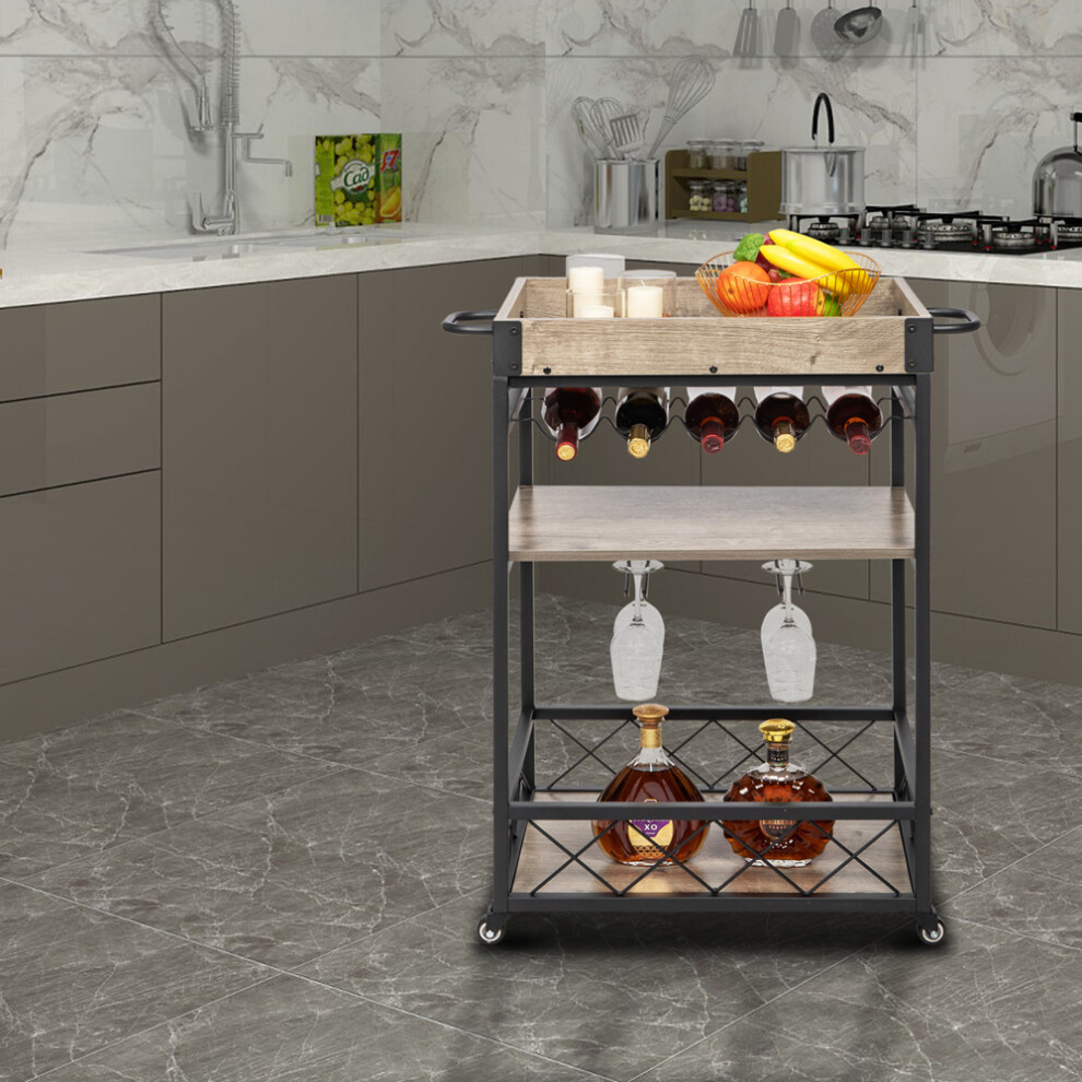 Mobile Kitchen Serving Trolley W/ Glass Holder & Wine Rack Bar Serving Cart 