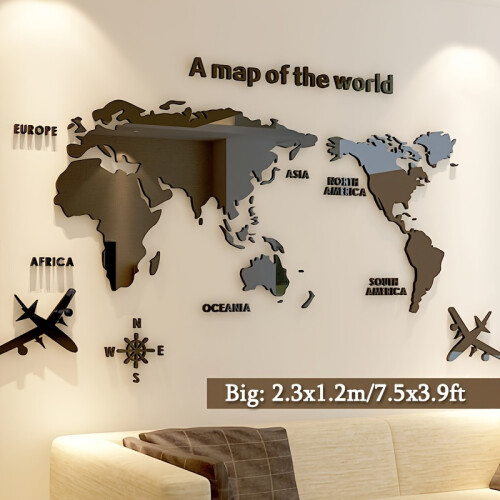 (World Map ?black?, Big) 3D Acrylic Mirror World Map Wall Sticker