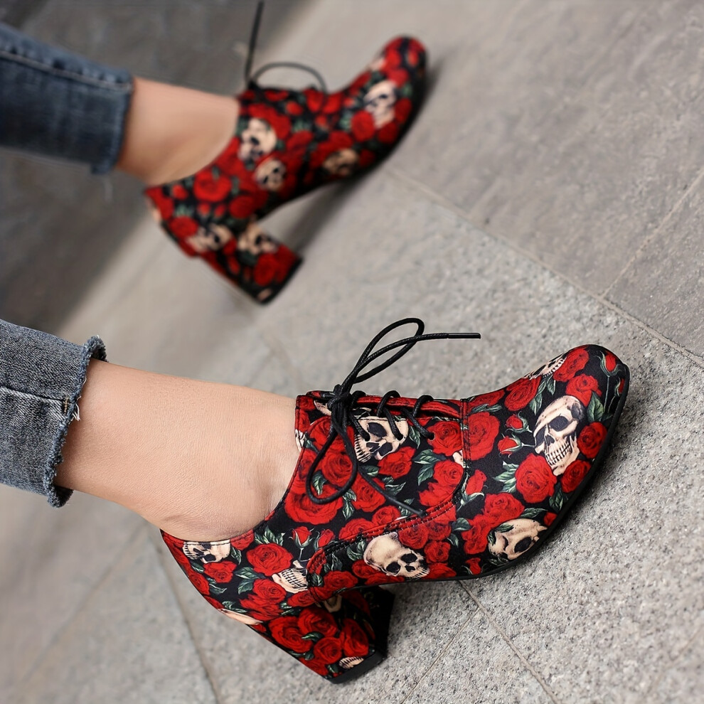(Multicolor, 9) UK Skull & Rose Chunky Heels - Fashionable Lace Up Pumps for Women, Perfect for Halloween and Outdoor Activities