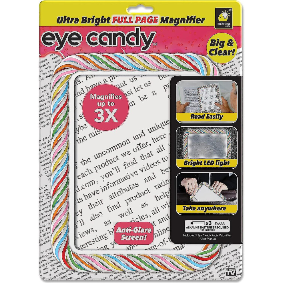 Eye Candy Ultra Bright Full Page Magnifier And Book Light, As Seen On Tv Anti Glare Reading Light Makes Pages 3x Bigger With Dimmable Brightness