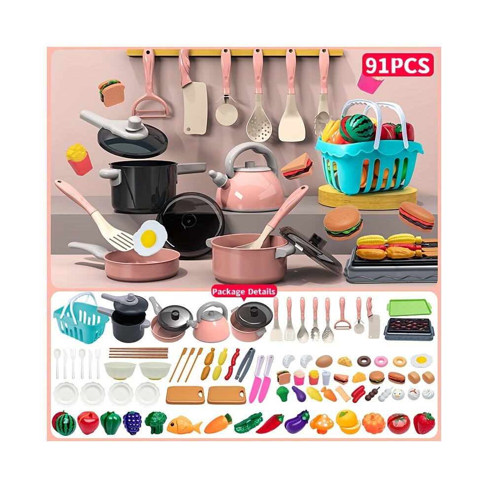 Flemye (91 Pieces Set) Little Chef Play Kitchen Toy Set With Pot, Cutter, And Simulation Cooking Tools For Girls - Develops Creativity And Cooking Skills