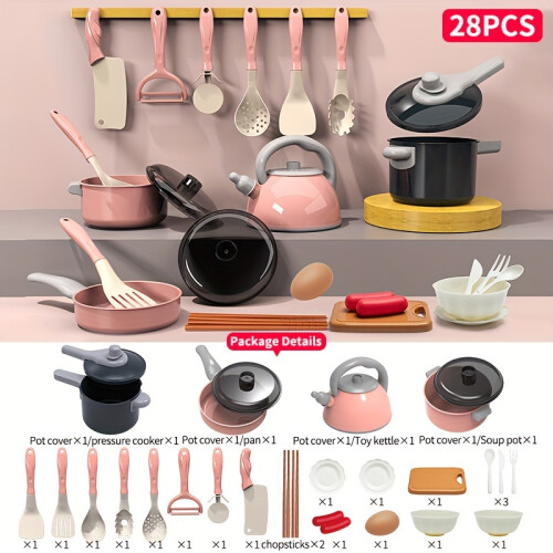 (28pcs Set) Little Chef Play Kitchen Toy Set with Pot, Cutter, and Simulation Cooking Tools for Girls - Develops Creativity and Cooking Skills