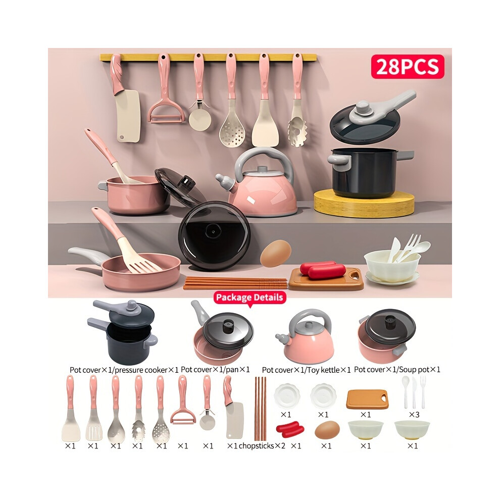 Flemye (28Pcs Set) Little Chef Play Kitchen Toy Set With Pot, Cutter, And Simulation Cooking Tools For Girls - Develops Creativity And Cooking Skills