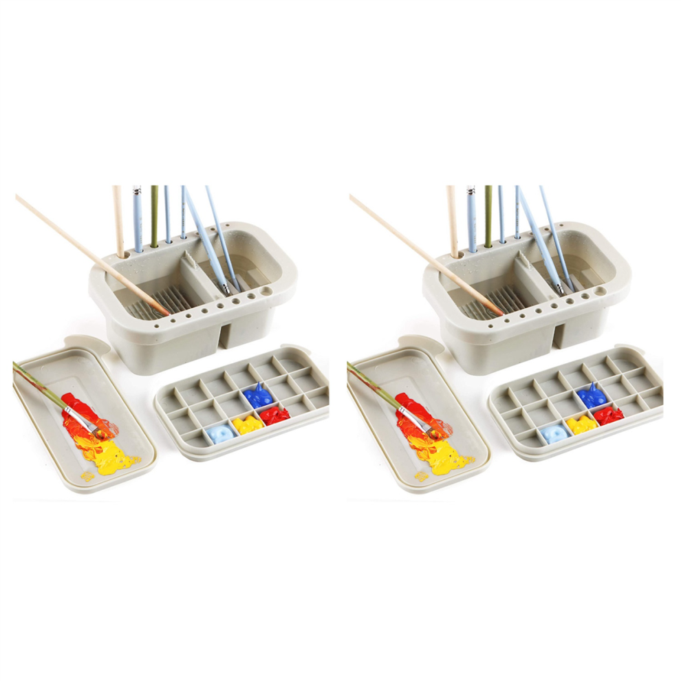 2X Brush Washing Bucket Multi-Use Paint Brush Basin with Art Palette Brush Holder Brush Washing Tool-image-OPC-PDPMC6Q-NEW