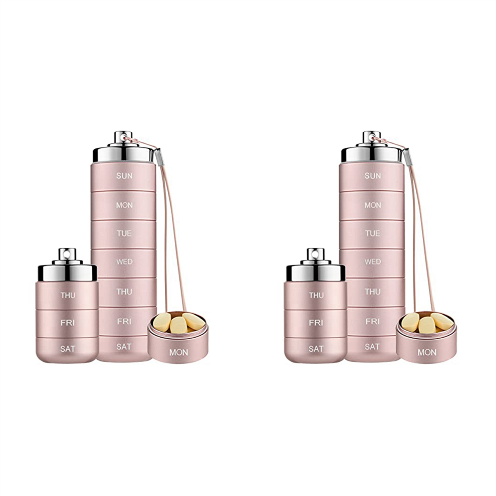 Exogio Pink 2X Metal Pill Organizer Weekly,Stackable Waterproof Travel Pill Box,Pill Case,7 Day Daily Medicine Organizer