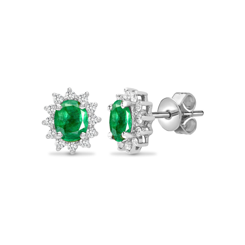 Jewelco London 18ct White Gold Cluster Set G SI 0.18ct Diamond and Oval Green 0.67ct Emerald Royal Cluster Stud Earrings - 18E194