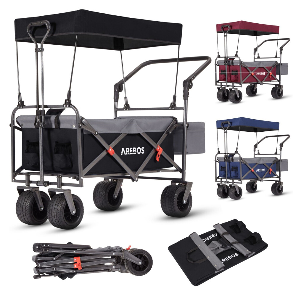 AREBOS Handcart Foldable with Roof | Luxury Hand Trolley | Folding Trolley | Transport Trolley | XXL Bag | Up to 100 kg | Incl. Carry Bag | Black