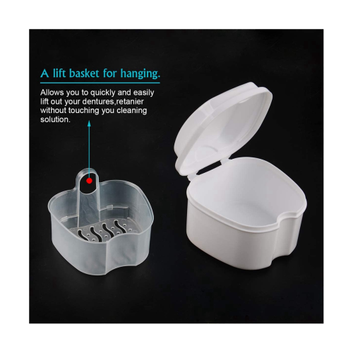 2X White Denture Case, Denture Cup with Strainer, Denture Bath Box False Teeth Storage Box with Basket Net Holder 2