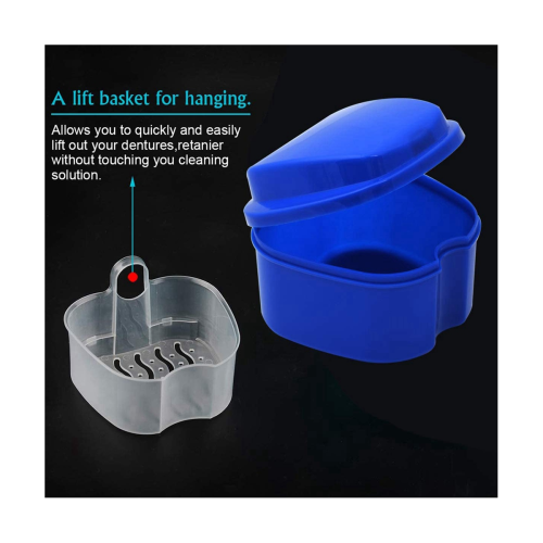 2X Dark Blue Denture Case, with Strainer, Denture Bath Box False Teeth Storage Box with Basket Net Container Holder 2