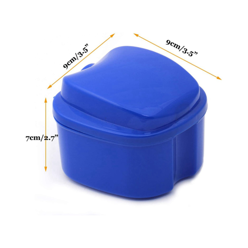 2X Dark Blue Denture Case, with Strainer, Denture Bath Box False Teeth Storage Box with Basket Net Container Holder 1