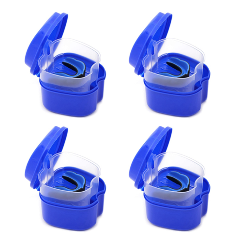 4X Dark Blue Denture Case, Denture Cup with Strainer, Denture Bath Box False Teeth Storage Box with Basket Net