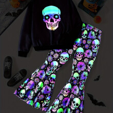 (Black, 5-6Y) Girls Halloween Skull Print Sweatshirt and Wide Leg Pants Set - Glow in the Dark Design
