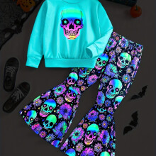 (Cyan, 3-4Y) Girls Halloween Skull Print Sweatshirt and Wide Leg Pants Set - Glow in the Dark Design