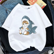 (P8495-7 White, XXXL) Cat Funny Print T-shirt Girl Animal Fashion Tops Tee Gril Black White Clothes