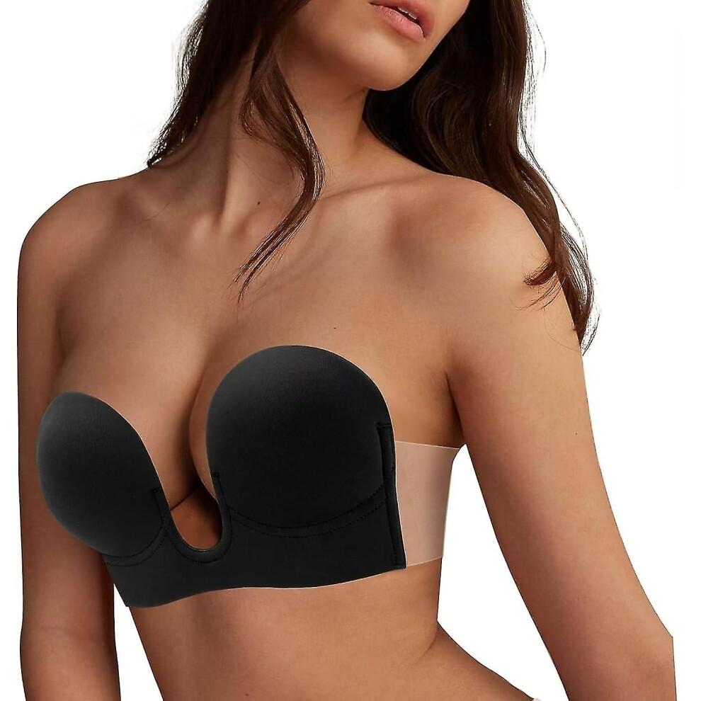 (Black, D) Invisible Adhesive Bras, Sticky Bra Push Up, Women Backless Plunge Bra Strapless Sticky Push Up Adhesive Invisible Bras Deep V Reusable