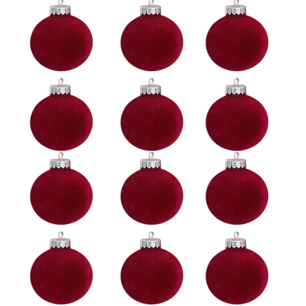 (Red) 12 Pcs Velvet Christmas Balls  Flocked Christmas Tree Ball Ornaments Plastic Balls Xmas Decorative Hanging Ornaments Christmas Tree Decoration 3.14 In