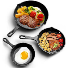 3-Piece Enamel Cast Iron Fry Pan Set - Pre-Seasoned Non-Stick Skillets for Grill, BBQ & Pancakes, 26/20/15.5 cm
