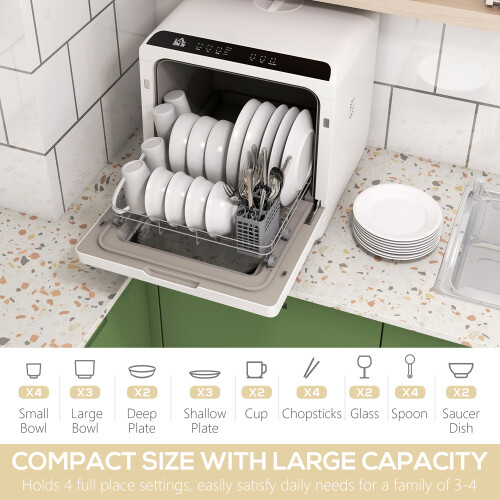 Homcom HOMCOM Worktop Dishwasher w/ 4 Place Settings 6 Programs, Black and White 2
