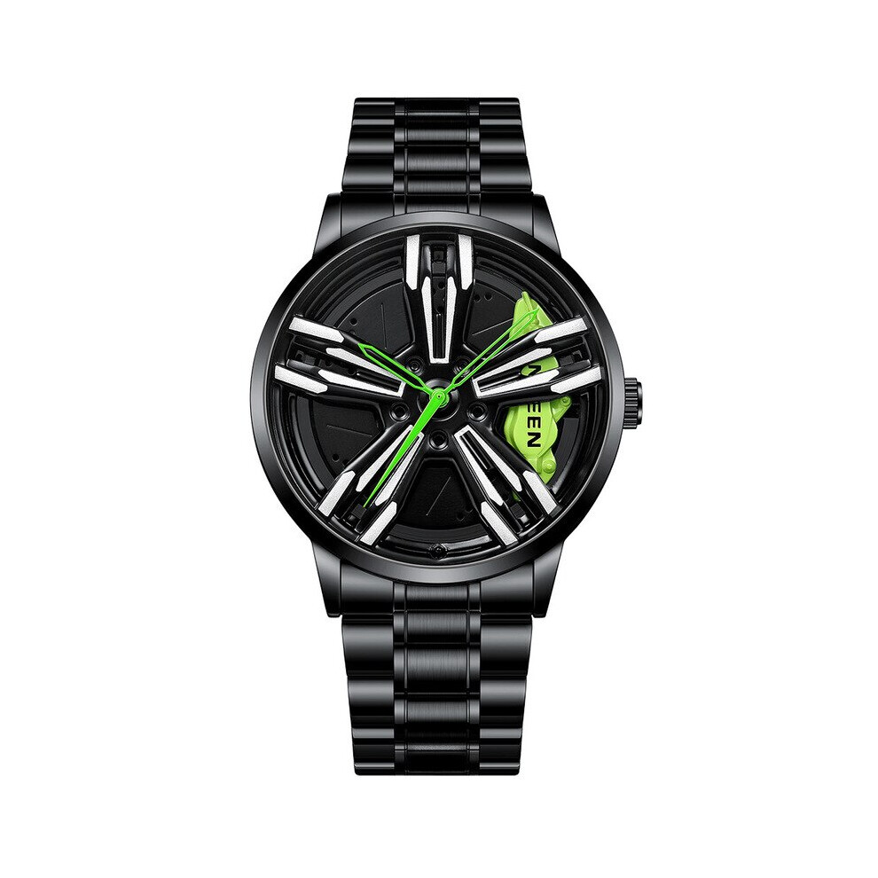 (Green BMW) Wheel Watch Men Rim Hub Luxury Sports Car Men's Watch Stainless Steel Men's Quartz Watches for BMW GTR Audi wheel rim design Watches