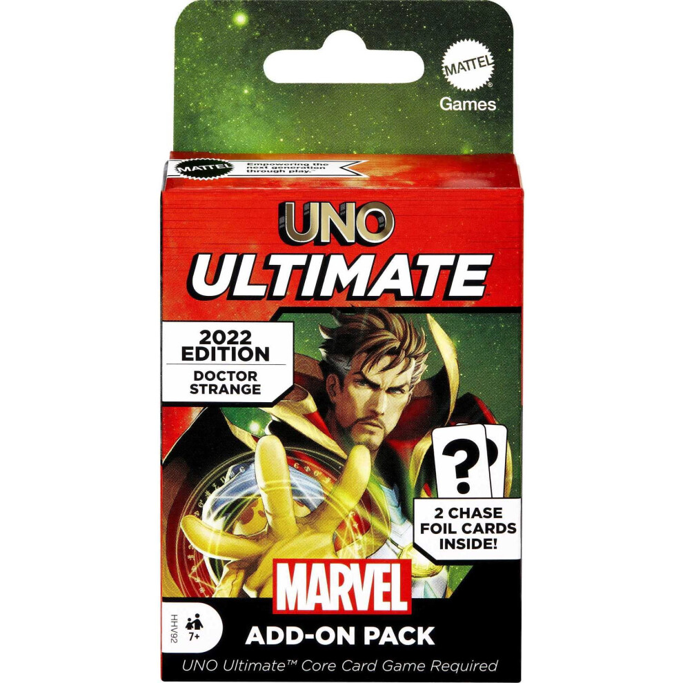 UNO Ultimate Marvel card game Add-On Pack with Dr Strange character Deck & 2 collectible Foil cards, gift for collectors & Kids Ages 7 Years & Older