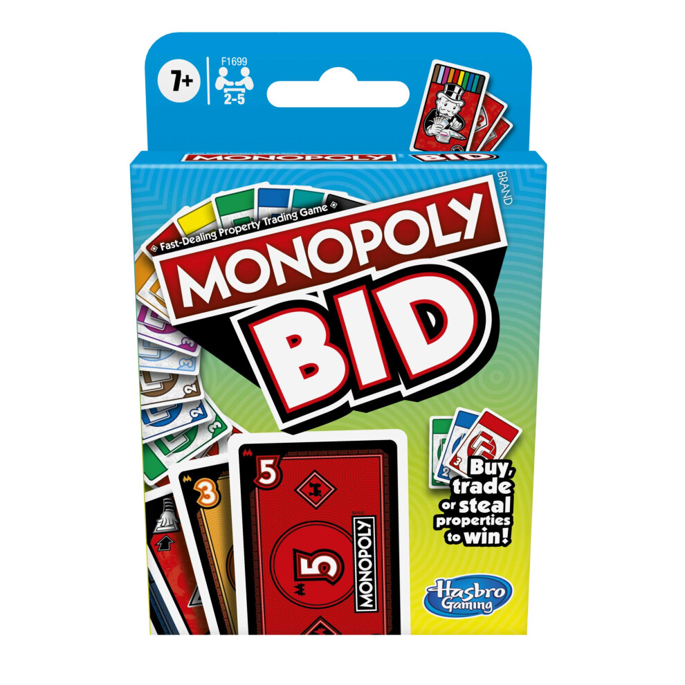 Monopoly Bid game, Quick-Playing card game for 4 Players, game for Families and Kids Ages 7 and Up