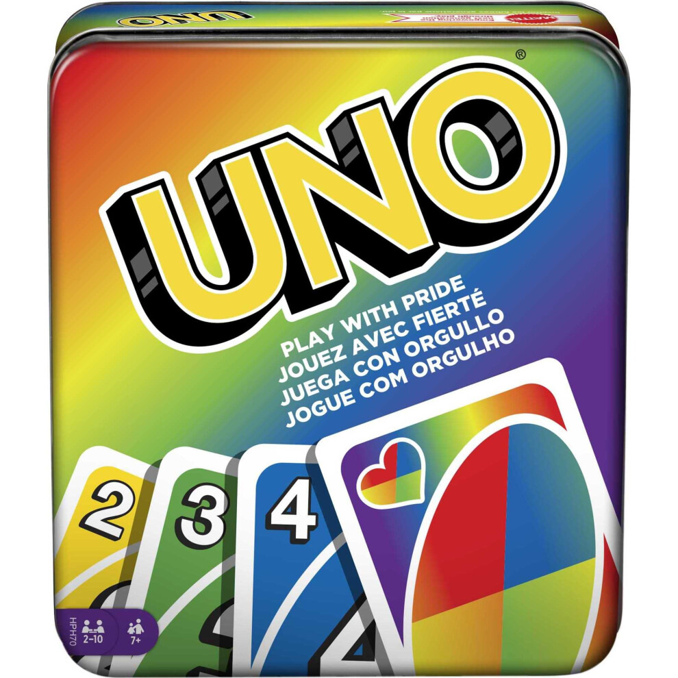 Mattel Games UNO Play With Pride Card Game in Collectible Storage Tin, 112 Cards and Instructions, Travel Game