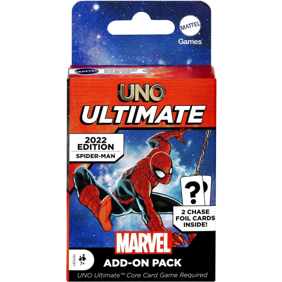 UNO Ultimate Marvel Card Game Add-On Pack with Spider-Man Character Deck & 2 Collectible Foil Cards, Gift for Collectors & Kids Ages 7 Years & Older