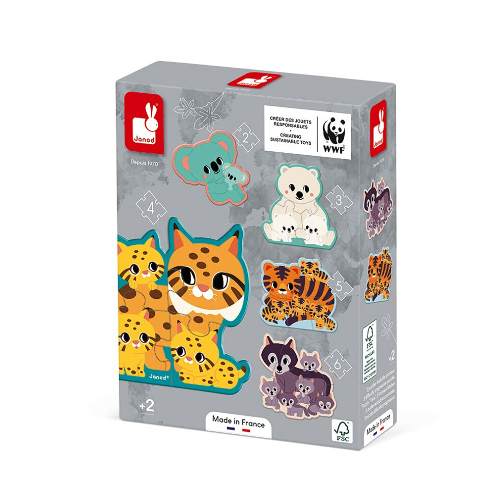 Janod World Wildlife Fund 5 Adaptable Animal Puzzles (2 to 6 Pieces) - Ages 2+ - J08625