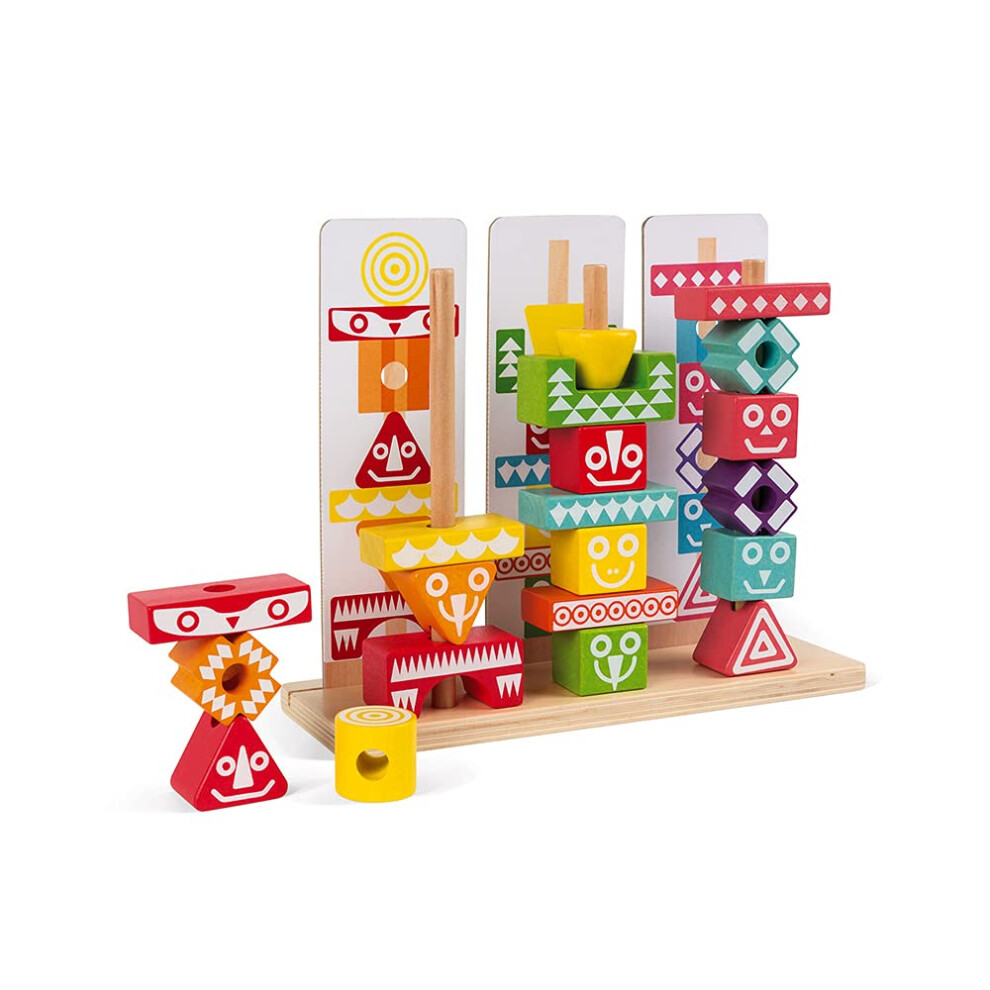 Janod I Wood - Edutotem Stackable Pieces - 52 Wooden Blocks and Puzzle Cards - Ages 3+ - J05331