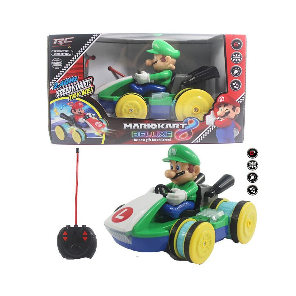 (Mario Green) Super Mario Remote Control Car Kart Racing 2.4Ghz Four-way Remote Control Car Electric Toy Car with Light and Music Boy Handle