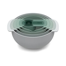 Joseph Joseph Nest 9 Nesting Bowls Set with Mixing Bowls Measuring cups Sieve colander, 9-Piece, Editions (Sage)