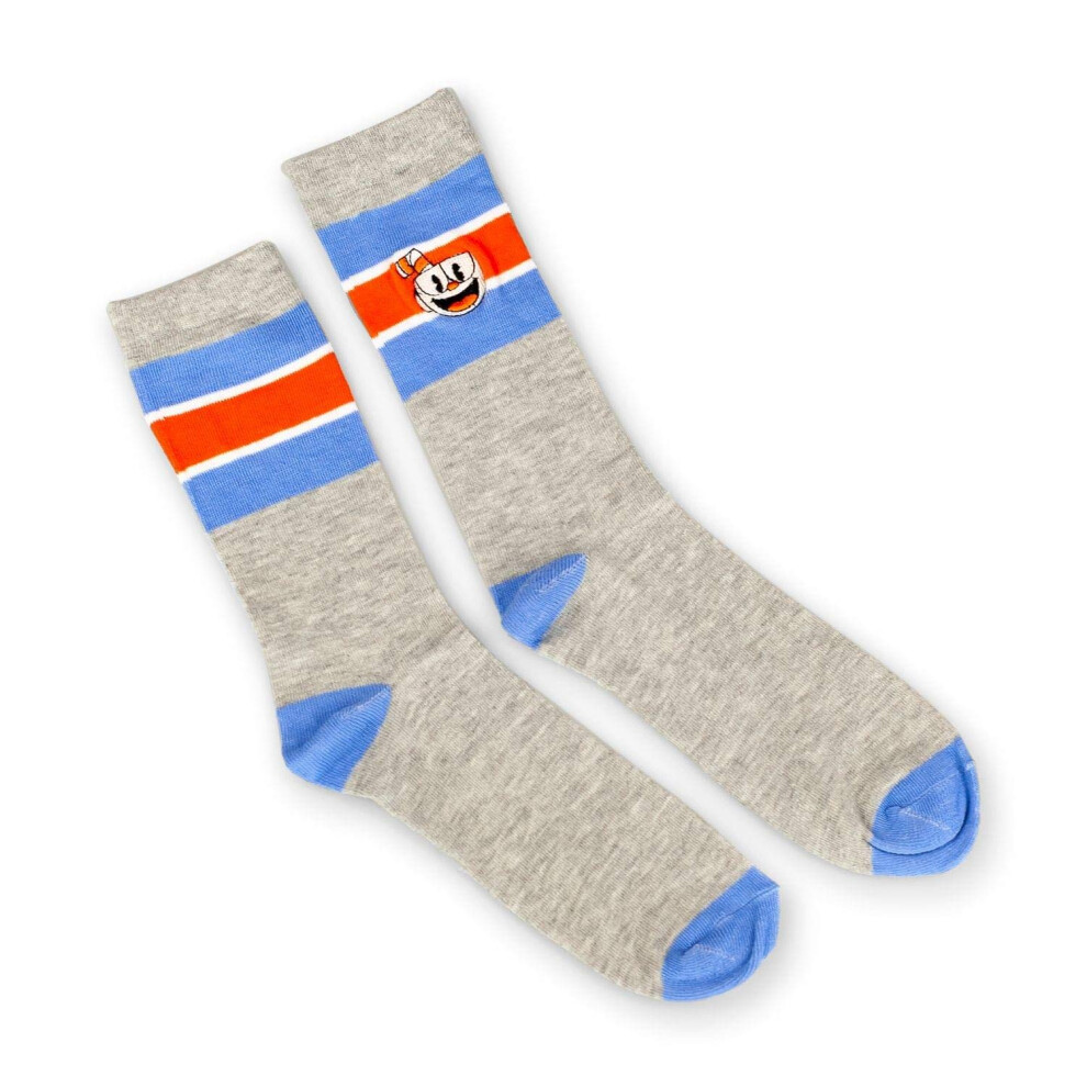 Chaussettes ray   es officielles Cuphead grises | Chaussettes ray   es rouges, blanches et bleues | Parfaites pour les fans de Cuphead