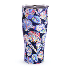 Vera Bradley Large Stainless Steel Travel Cup, 32 oz Tumbler with Lid, Blue Double Wall Insulated Tumbler, Morning Shells