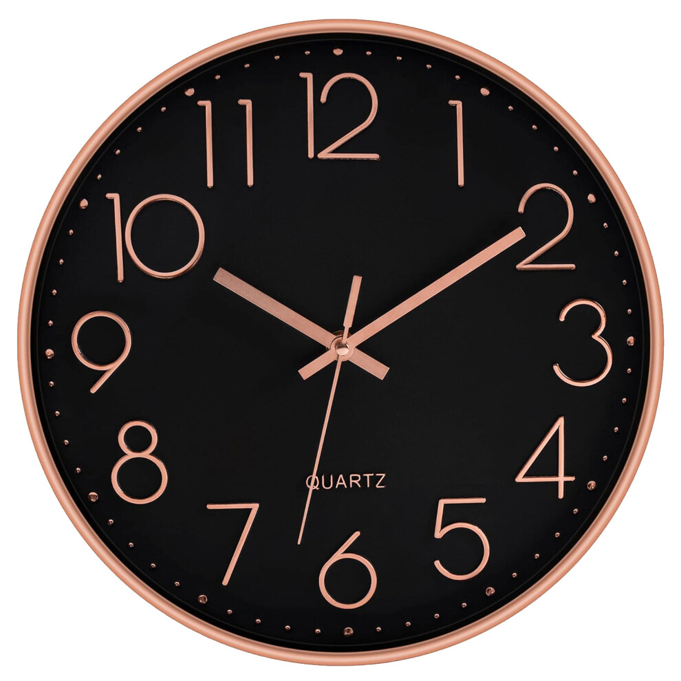 (Rose Gold & Black) Wall Clock 12 Inch Battery Operated Silent Non-ticking Modern Quartz Design, Decorative Clock 30cm