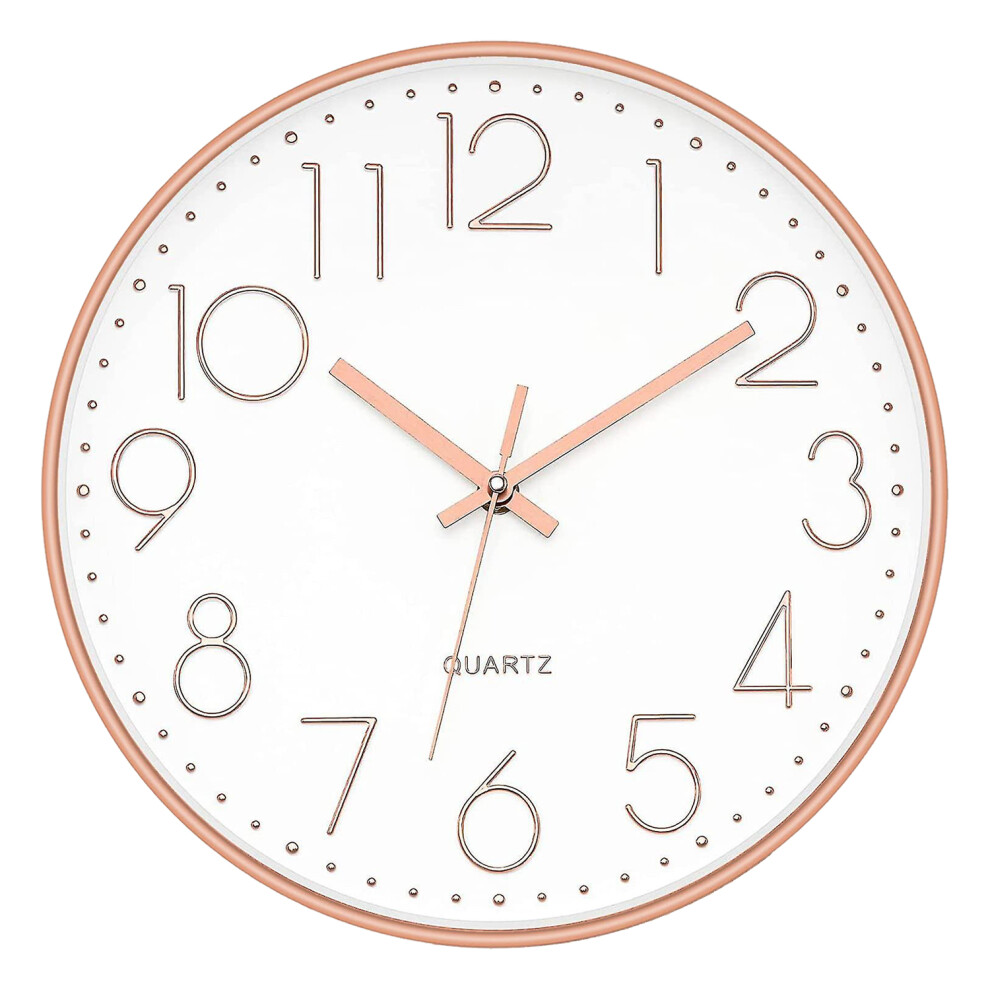 (Rose Gold & White) Wall Clock 12 Inch Battery Operated Silent Non-ticking Modern Quartz Design, Decorative Clock 30cm