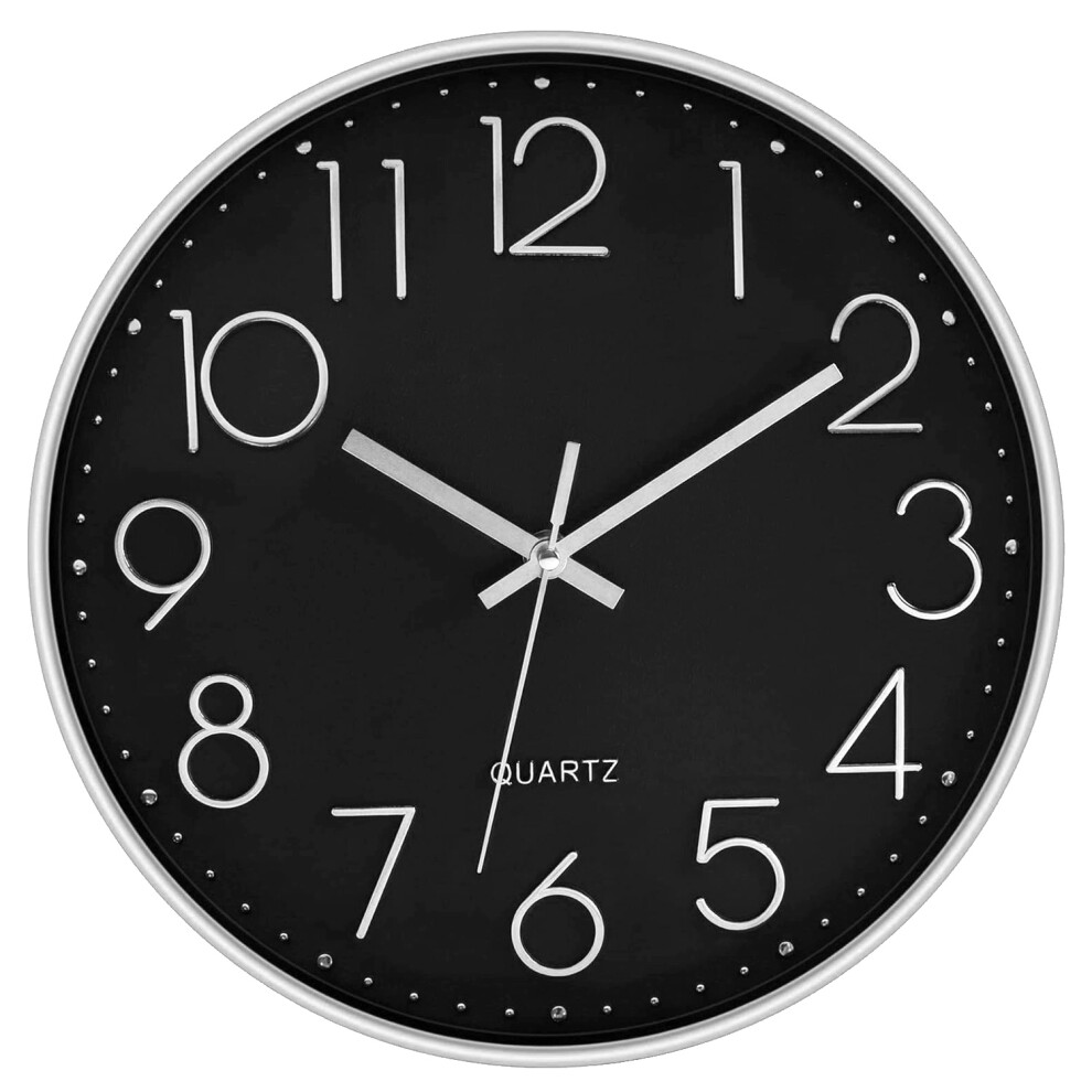 (Silver & Black) Wall Clock 12 Inch Battery Operated Silent Non-ticking Modern Quartz Design, Decorative Clock 30cm