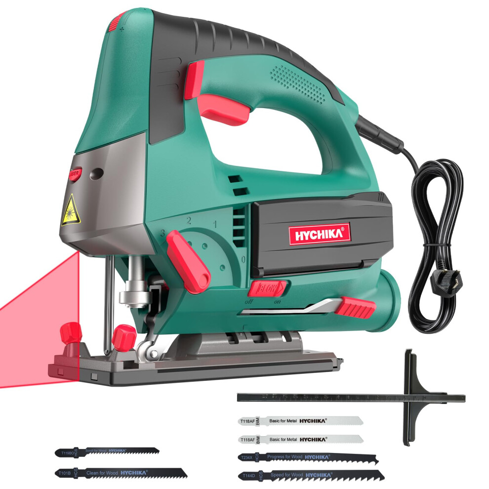 Jig Saws, 800W Max Cutting Depth 110mm for Wood, 800-3000 SPM HYCHIKA Electric Jigsaw with Laser, 6 Variable Speeds, 0-3 Orbital Sets